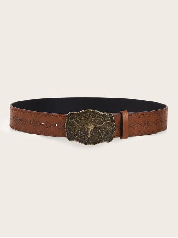 Western Cowboy Style Embossed Carved Ox Head Buckle Design Belt, Vintage Style Belt for Women & Men, Fashion Accessories for Daily Wear for Outfit Matching