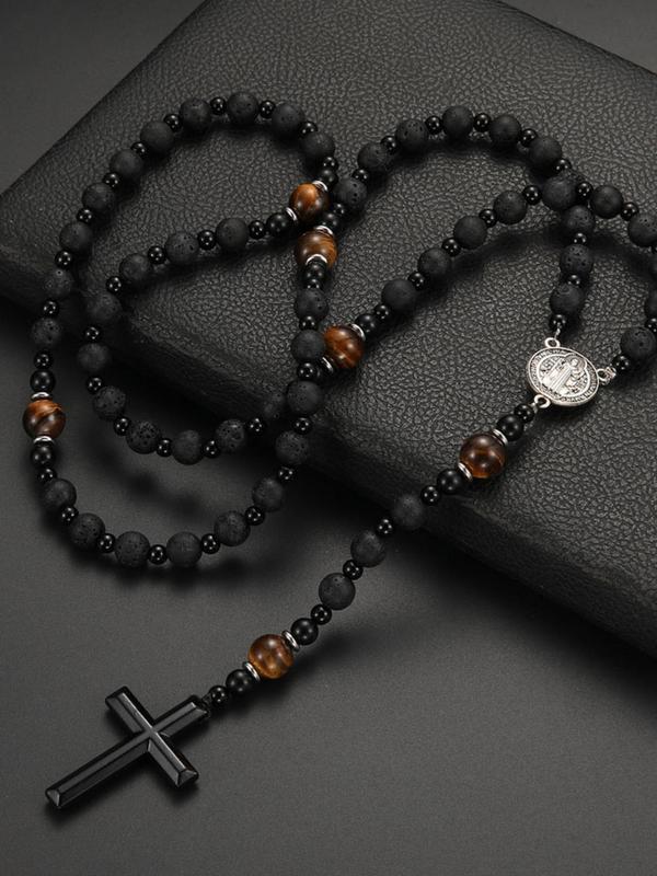 Punk Style Cross Design Beaded Necklace, Vintage Retro Trendy Beaded Necklace, Fashion Jewelry Accessories for Men & Women As Gift