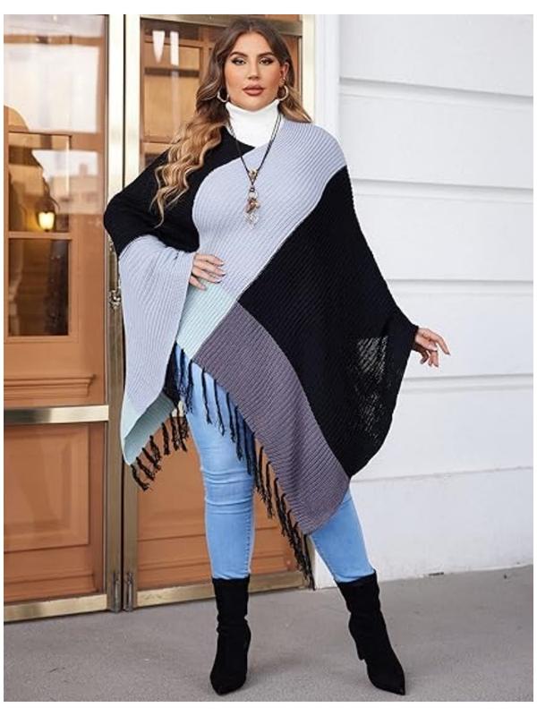 2024 US Black Friday IN'VOLAND Women's Knitted Shawl Poncho with Fringed Capelet V-Neck Striped Sweater Pullover Cape