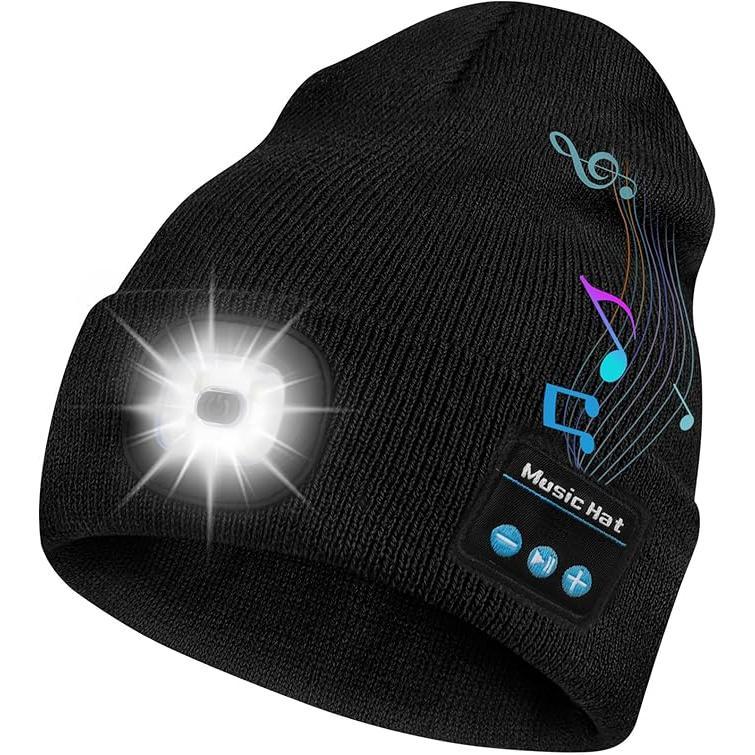 Bluetooth Beanie with Light Wireless Beanie Hat with Headphones Built-in Speaker Mic Rechargeable LED Skullcap Winter Beanie Headlamp Cap Gifts for Men & Women Black