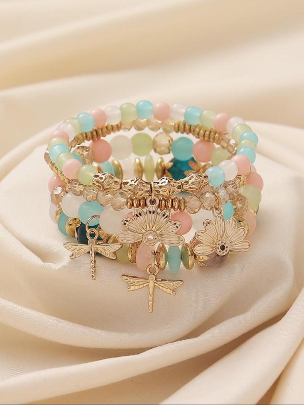 Boho Style Flower & Dragonfly Geometric Design Beaded Bracelet, 4counts Set Fashion Jewelry for Party, Daily Clothing Decor, Exquisite Jewelry for Birthday Gift