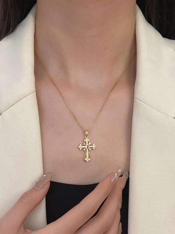 Rhinestone Cross Pendant Necklace for Women for Gift, 2024 Summer Clavicle Chain Necklace, Mexican Necklaces, Dainty Jewelry Accessories for Back To School Fall, 90s Minimalism