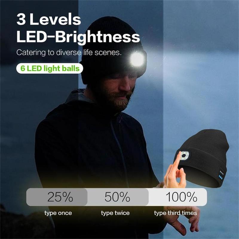 Bluetooth Beanie with Light Wireless Beanie Hat with Headphones Built-in Speaker Mic Rechargeable LED Skullcap Winter Beanie Headlamp Cap Gifts for Men & Women Black