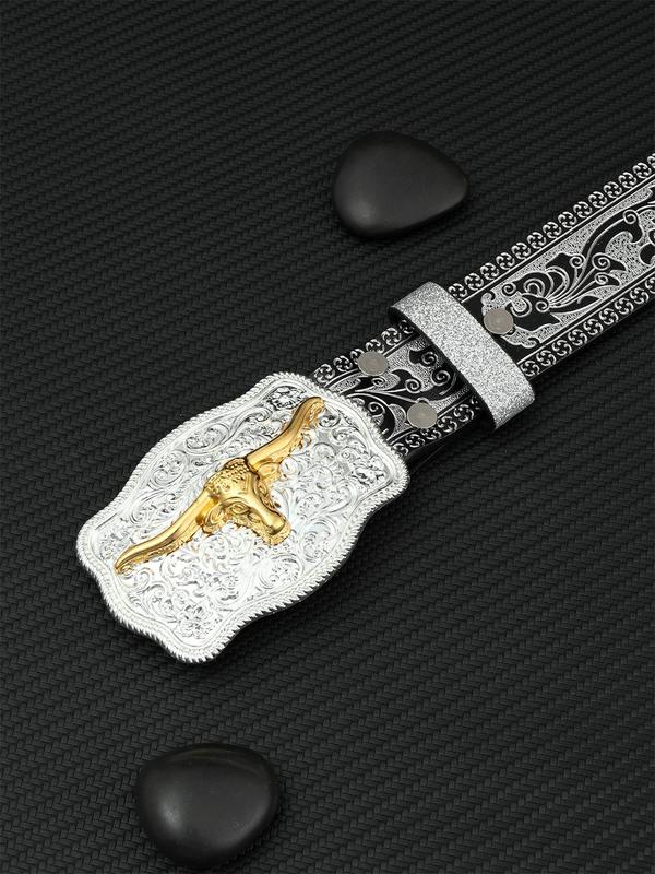 Fashion Ethnic Pattern Cow Design Buckle Western Belt, Casual Waistband for Men & Women, Fashion Belt for Party, Daily Clothing Decor, Trendy All-match & Exquisite Belt for Birthday Gift