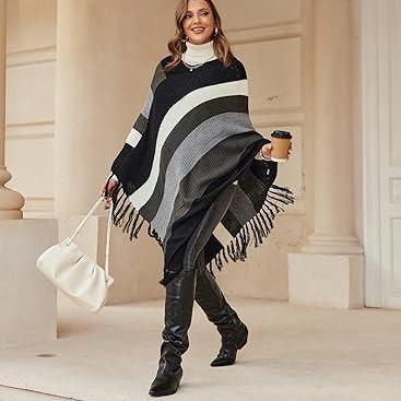 2024 US Black Friday IN'VOLAND Women's Knitted Shawl Poncho with Fringed Capelet V-Neck Striped Sweater Pullover Cape