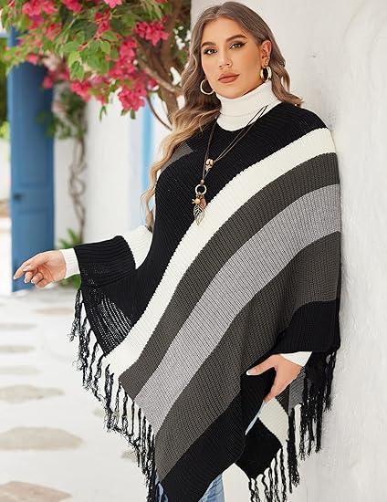 2024 US Black Friday IN'VOLAND Women's Knitted Shawl Poncho with Fringed Capelet V-Neck Striped Sweater Pullover Cape