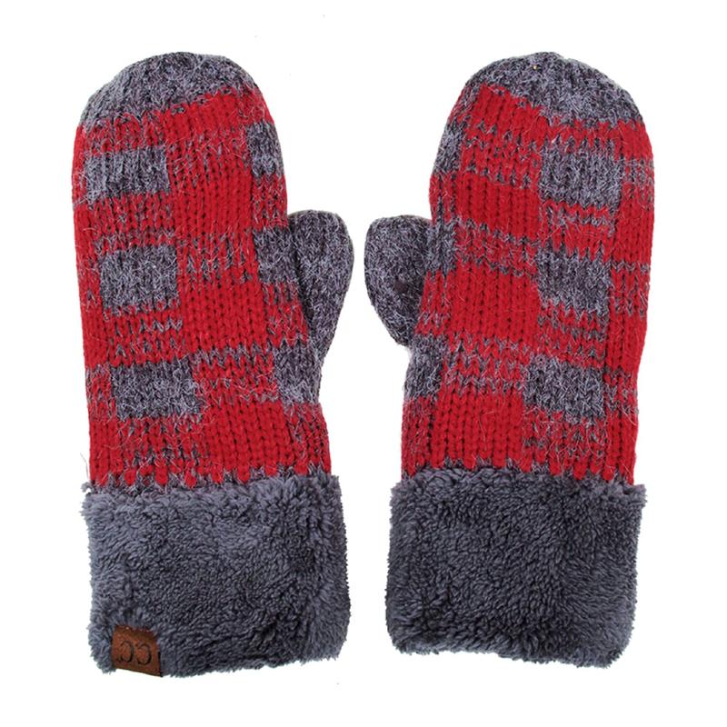 CC Buffalo Plaid Sherpa Lined Winter Fashion Women Mittens