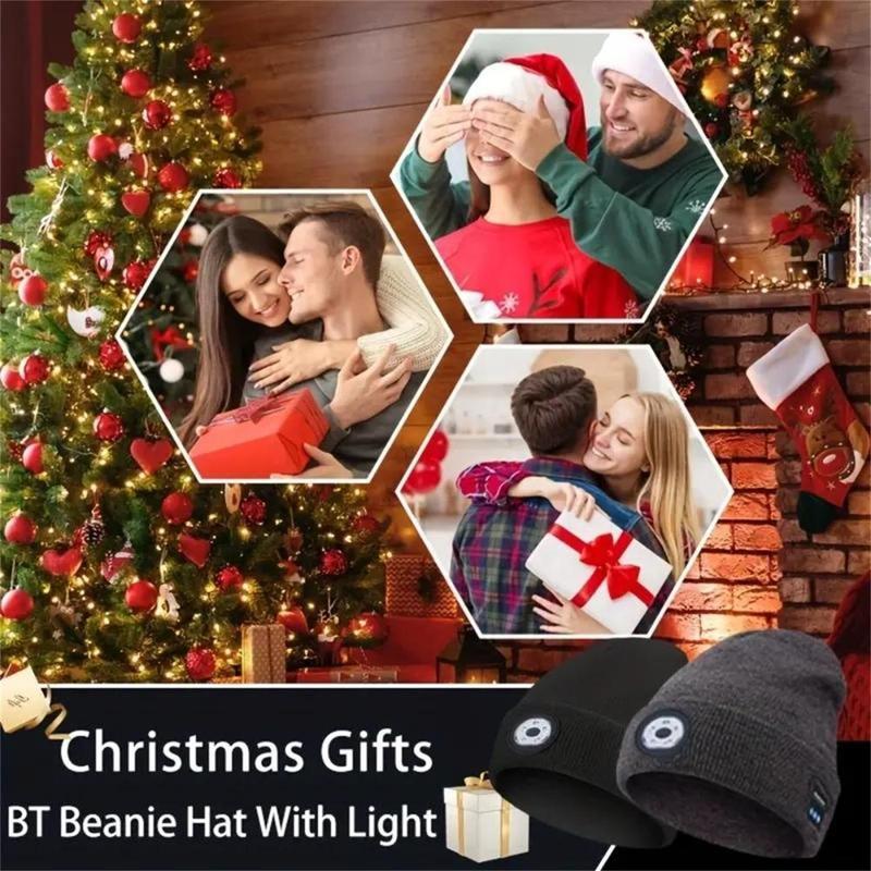 Bluetooth Beanie with Light Wireless Beanie Hat with Headphones Built-in Speaker Mic Rechargeable LED Skullcap Winter Beanie Headlamp Cap Gifts for Men & Women Black