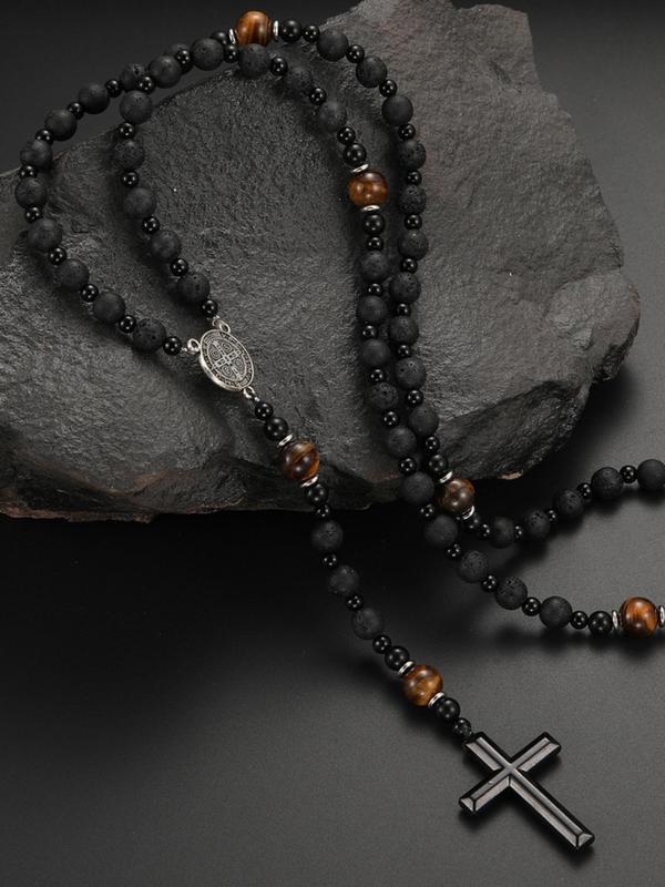 Punk Style Cross Design Beaded Necklace, Vintage Retro Trendy Beaded Necklace, Fashion Jewelry Accessories for Men & Women As Gift