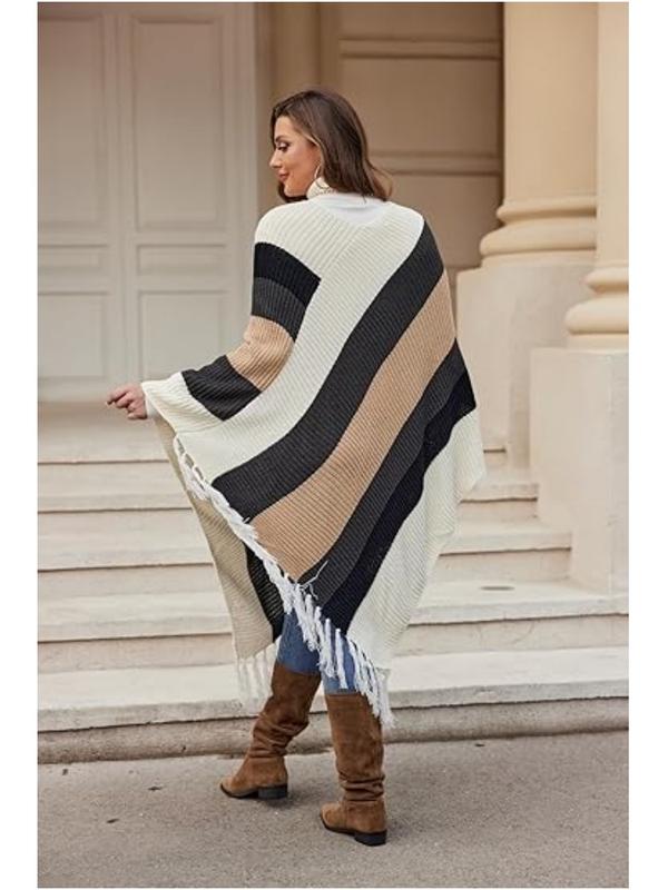 2024 US Black Friday IN'VOLAND Women's Knitted Shawl Poncho with Fringed Capelet V-Neck Striped Sweater Pullover Cape