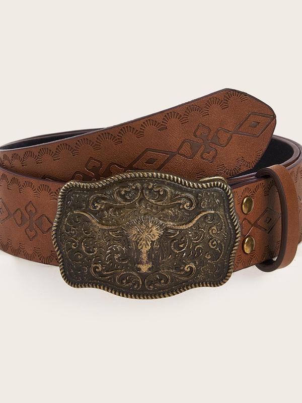 Western Cowboy Style Embossed Carved Ox Head Buckle Design Belt, Vintage Style Belt for Women & Men, Fashion Accessories for Daily Wear for Outfit Matching