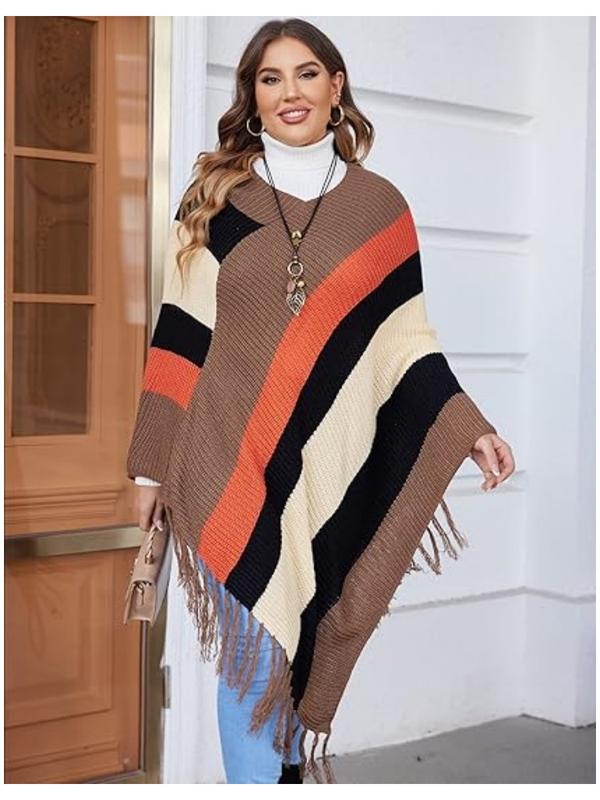 2024 US Black Friday IN'VOLAND Women's Knitted Shawl Poncho with Fringed Capelet V-Neck Striped Sweater Pullover Cape