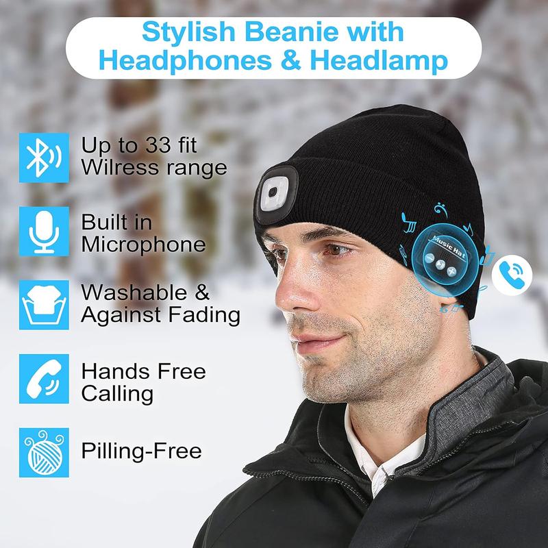 Bluetooth Beanie with Light Wireless Beanie Hat with Headphones Built-in Speaker Mic Rechargeable LED Skullcap Winter Beanie Headlamp Cap Gifts for Men & Women Black