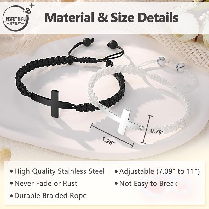 2Pcs Couples Cross Charm Adjustable Braided Rope Bracelets Anniversary Valentine's Day Birthday Christmas Gifts for Women Men Boyfriend Girlfriend