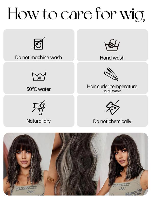 20 Inch Body Wavy Wigs for Women, Natural Looking Gorgeous Fluffy Wigs with Blunt Bangs, Synthetic Full Machine Wigs for Party Photography, Daily Use