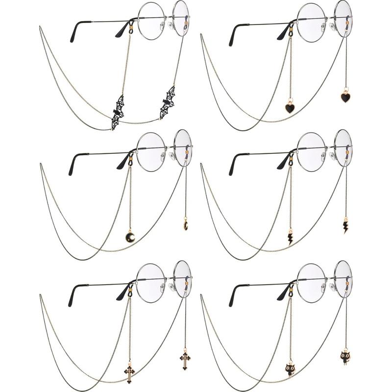 6 Count Glasses Chain Goth for Women Men Eyeglass Holder Chain Lanyard Sunglasses Chains Bat Moon Love Cat Pendant Eyewear Strap Holder Anti Lost Eyeglass Leash