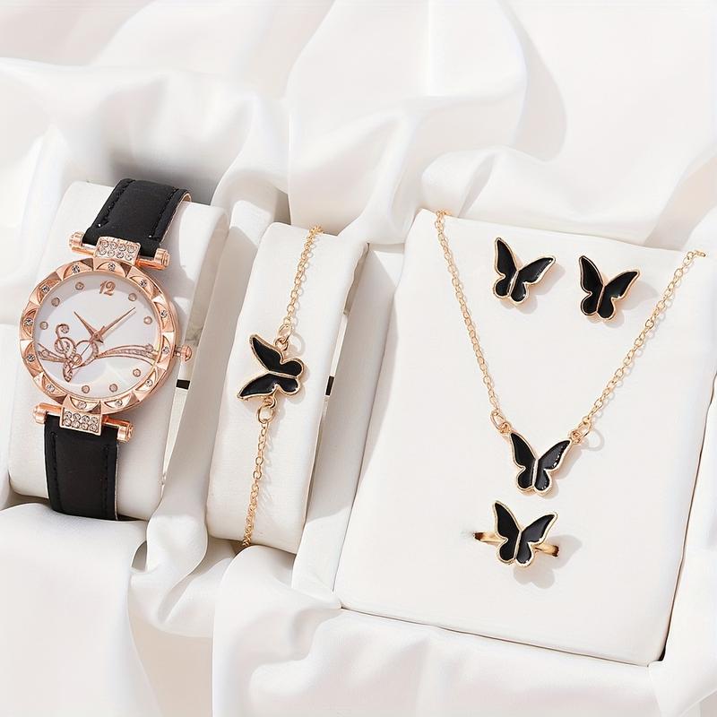 6 Pcs set Women's Watch Musical Note Fashion Quartz Watch Shiny Rhinestone Analog Watch and Jewelry Suit, Gift for Mom