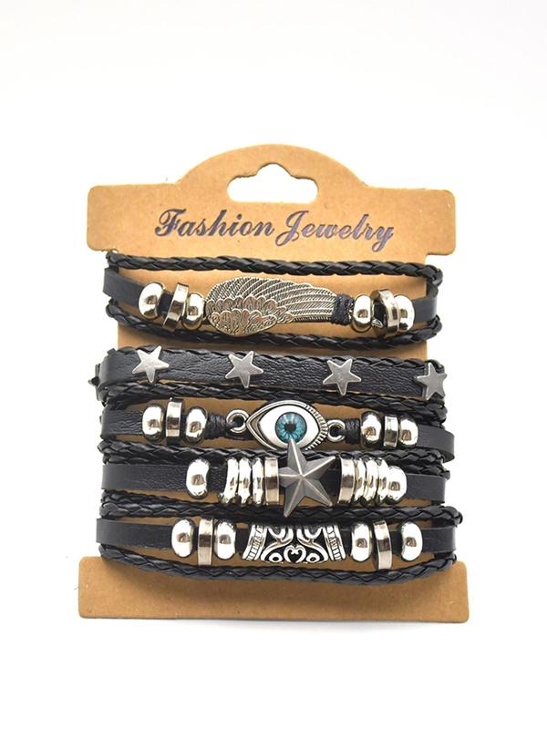 Unisex Punk Style Star & Eye Design Braid Bracelet Set, 5pcs Adjustable Drawstring Pu Leather Feather Design Bracelet, Fashionable Jewelry for Daily & Party Decoration, Holiday Gifts for Women & Men