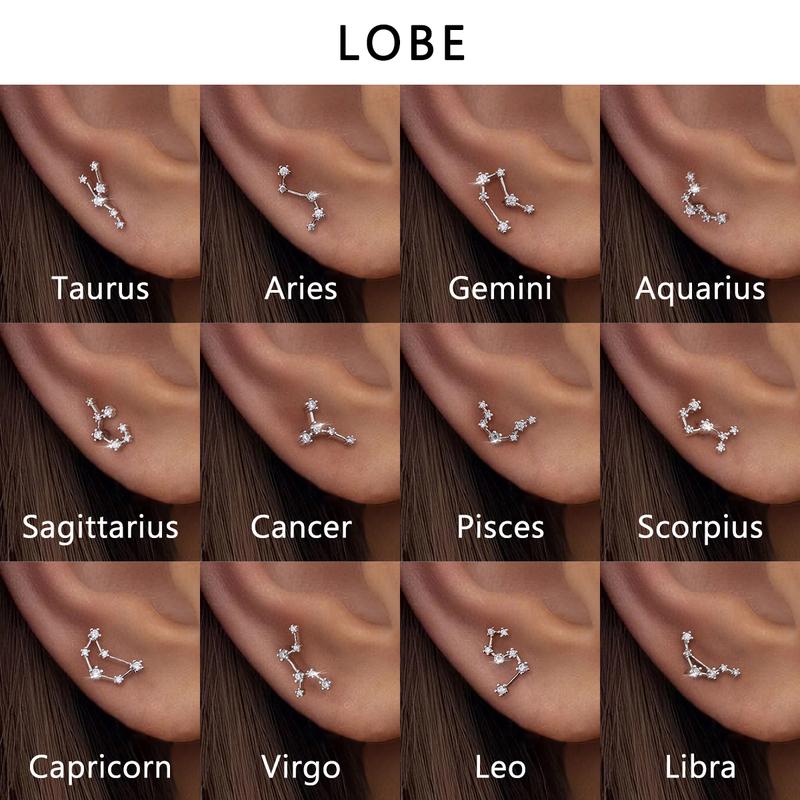 Oufer Zodiac Sign Twelve Star Constellation Cartilage Lobe Earring Stud 16G Aries, Taurus, Gemini, Cancer, Leo, Virgo, Libra, Scorpio, Sagittarius, Capricorn, Aquarius