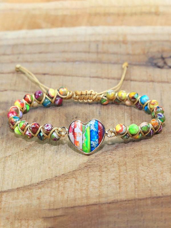 Boho Style Heart Charm Decor Beaded Bracelet, Vintage Trendy Braid Design Bracelet, Fashionable Jewelry for Women & Men