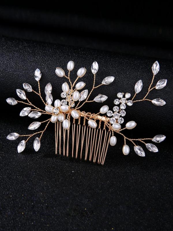 Rhinestone & Faux Pearl Decorated Hair Comb, Elegant Bridal Headwear For Wedding Party, Women's Wedding Bridal Jewellery