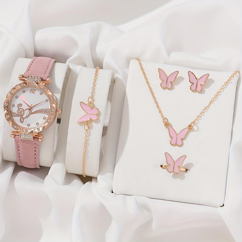 6 Pcs set Women's Watch Musical Note Fashion Quartz Watch Shiny Rhinestone Analog Watch and Jewelry Suit, Gift for Mom