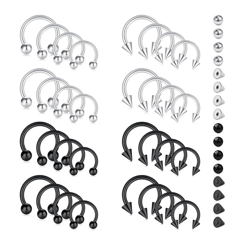 32PCs 14G 16G Stainless Steel Nose Septum Horseshoe Hoop Earring Eyebrow Tragus Lip Piercing Ring Balls & Spikes For Men and Women