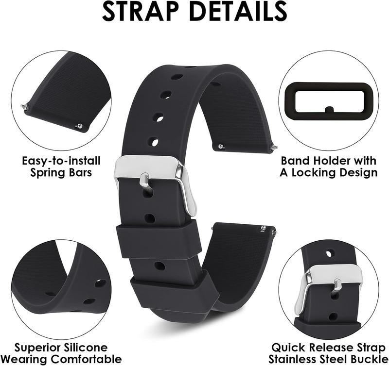 Watch Bands 18mm 20mm 22mm Quick Release Replacement Watchbands Straps with Stainless Steel Buckle Soft Rubber Watch Band for Men