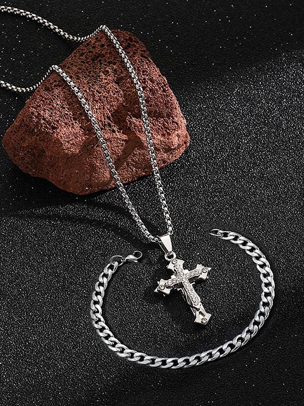 2pcs set Men's Punk Style Rhinestone Decorated Jewelry Set, Cross Pendant Necklace & Chain Bracelet, Casual Matching Trendy Jewelry Set, Classic Fashion Accessories for Daily Wear