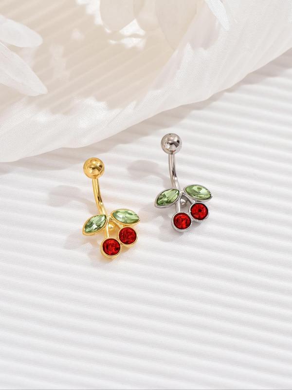 Women's Cute Rhinestone Decor Cherry Design Belly Rings, 2pcs set Trendy Exquisite Belly Rings, Chic Body Jewelry for Party Decor