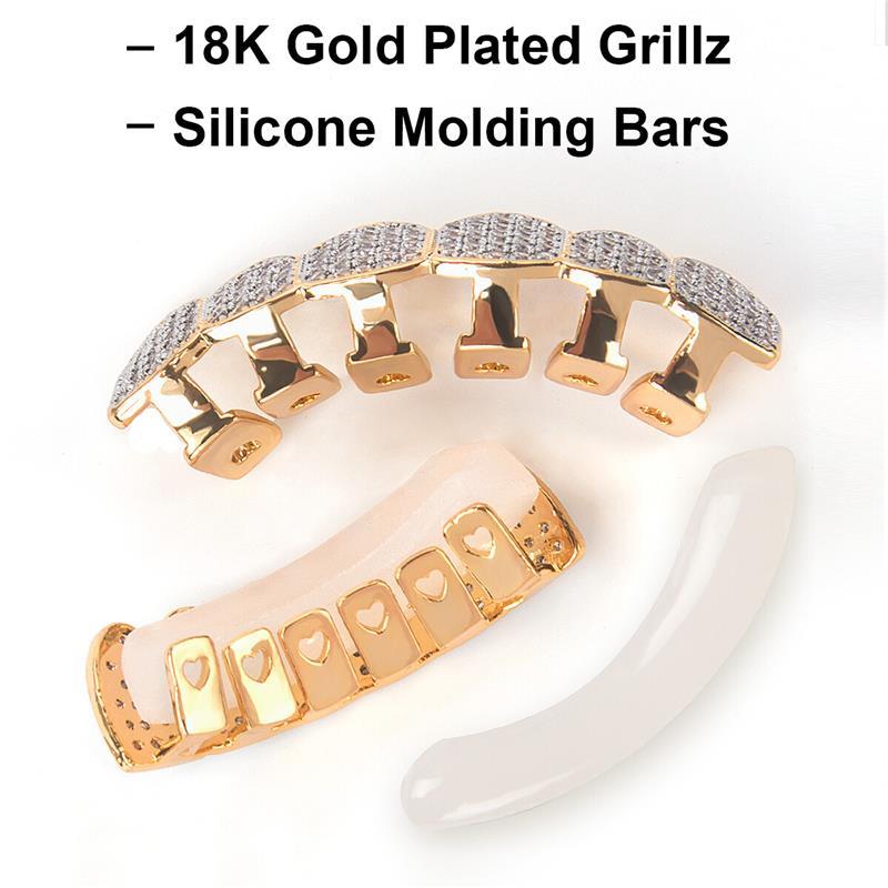 Gold Grillz for Men and Women, 18k Gold Plated Diamond Grillz Hip Hop Teeth Grillz Caps Top & Bottom Grill Fangs, Gold Grills for Teeth, Gold Grillz Teeth Set, Custom Grillz, Removable Grillz, Fashion Grillz, Fake Teeth Grillz, Mouth Grills