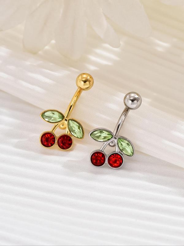 Women's Cute Rhinestone Decor Cherry Design Belly Rings, 2pcs set Trendy Exquisite Belly Rings, Chic Body Jewelry for Party Decor