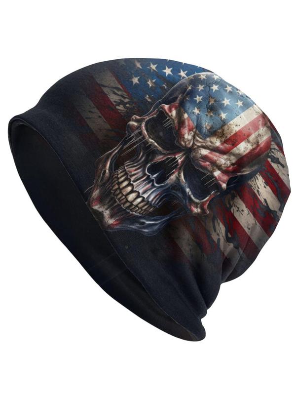 Punk Creative Skull & American Flag Print Beanie Hat, Casual Trendy Beanie Hat, Fashion Accessories for Men & Women for Daily Wear