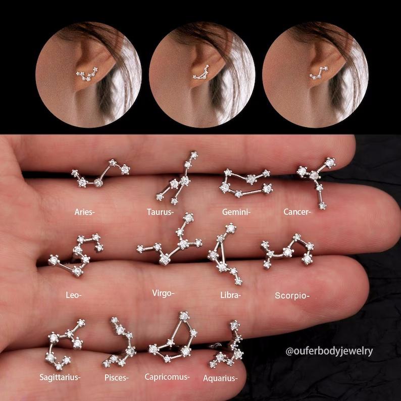 Oufer Zodiac Sign Twelve Star Constellation Cartilage Lobe Earring Stud 16G Aries, Taurus, Gemini, Cancer, Leo, Virgo, Libra, Scorpio, Sagittarius, Capricorn, Aquarius