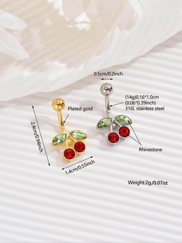 Women's Cute Rhinestone Decor Cherry Design Belly Rings, 2pcs set Trendy Exquisite Belly Rings, Chic Body Jewelry for Party Decor