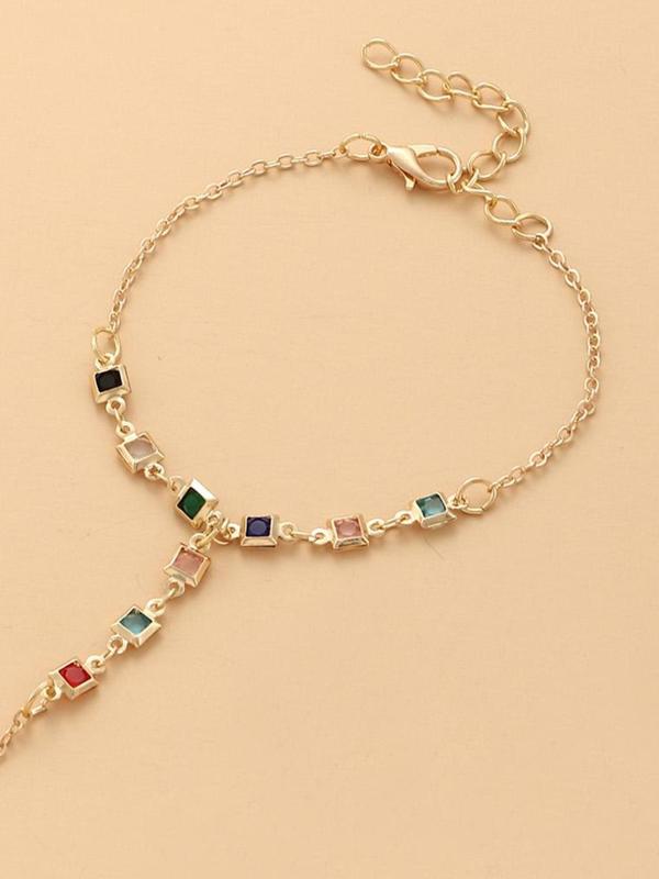 Fashion Colorful Square Rhinestone Decorated Alloy Bracelet with Chain Ring, Casual Versatile Vacation Travel Accessories for Women