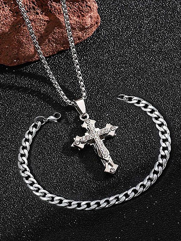 2pcs set Men's Punk Style Rhinestone Decorated Jewelry Set, Cross Pendant Necklace & Chain Bracelet, Casual Matching Trendy Jewelry Set, Classic Fashion Accessories for Daily Wear