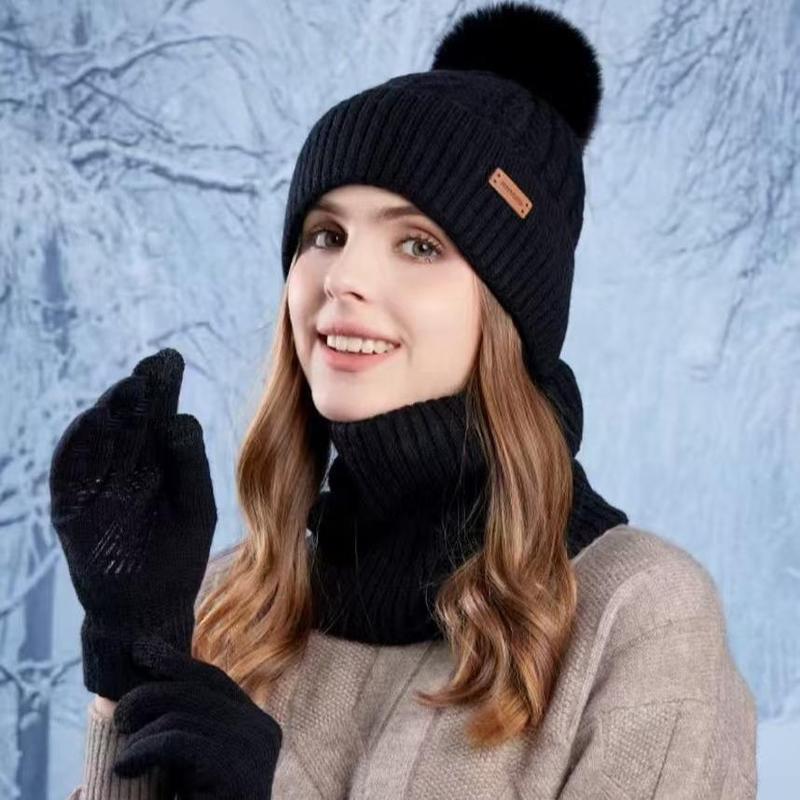 Winter Outdoor Sports Hat & Scarf & Gloves Set, 3 Counts set Warm Knit Hat & Touch Screen Gloves & Scarf, Outdoor Sports Accessories for Women & Men