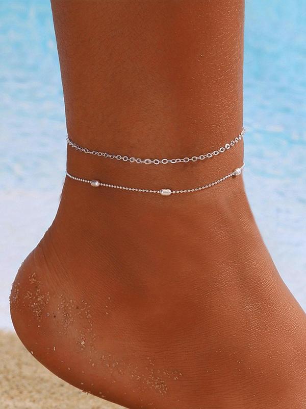 Women's Simple Style Plain Color Adjustable Chain Anklet, Fashionable Beaded Decorated Anklet for Beach Party & Vacation, Casual Trendy Anklet for Women & Girls