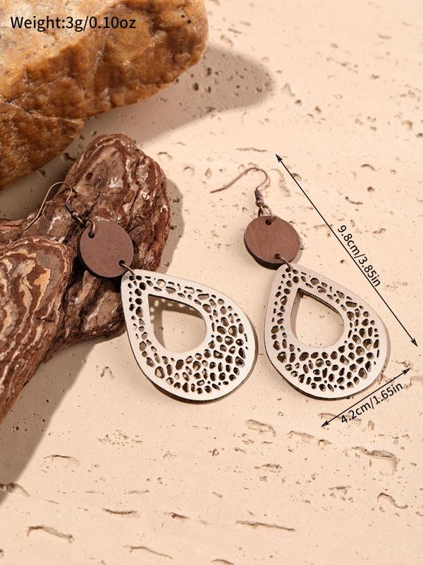 Boho Style Wooden Hollow Out Waterdrop Design Drop Earrings, Hollow Dangle Earrings, Fashion Jewelry Accessories For Women