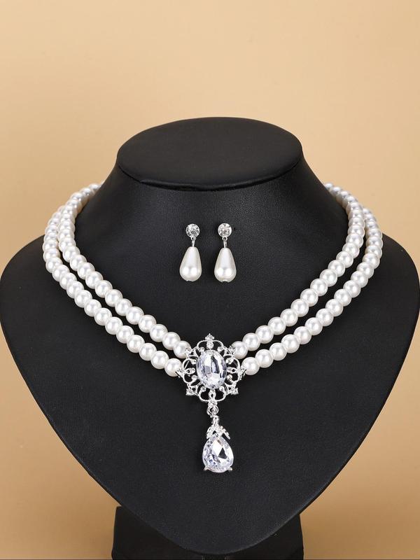 Faux Pearl Decorated Jewelry Set, Fashion Double-layer Necklace & Dangle Earrings for Party, Daily Clothing Decor, Trendy All-match & Exquisite Jewelry for Birthday Gift