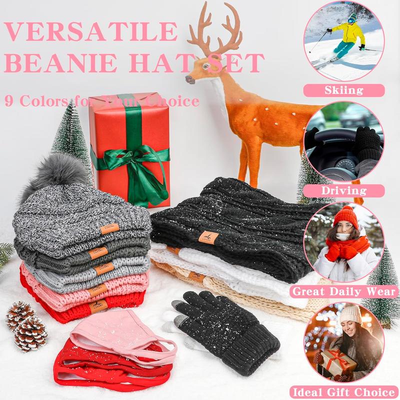 Winter Hat Scarf Gloves and Face Mask, Warm Knit Beanie Pompom Hat Touchscreen Gloves Set Gifts Circle Scarves for Women