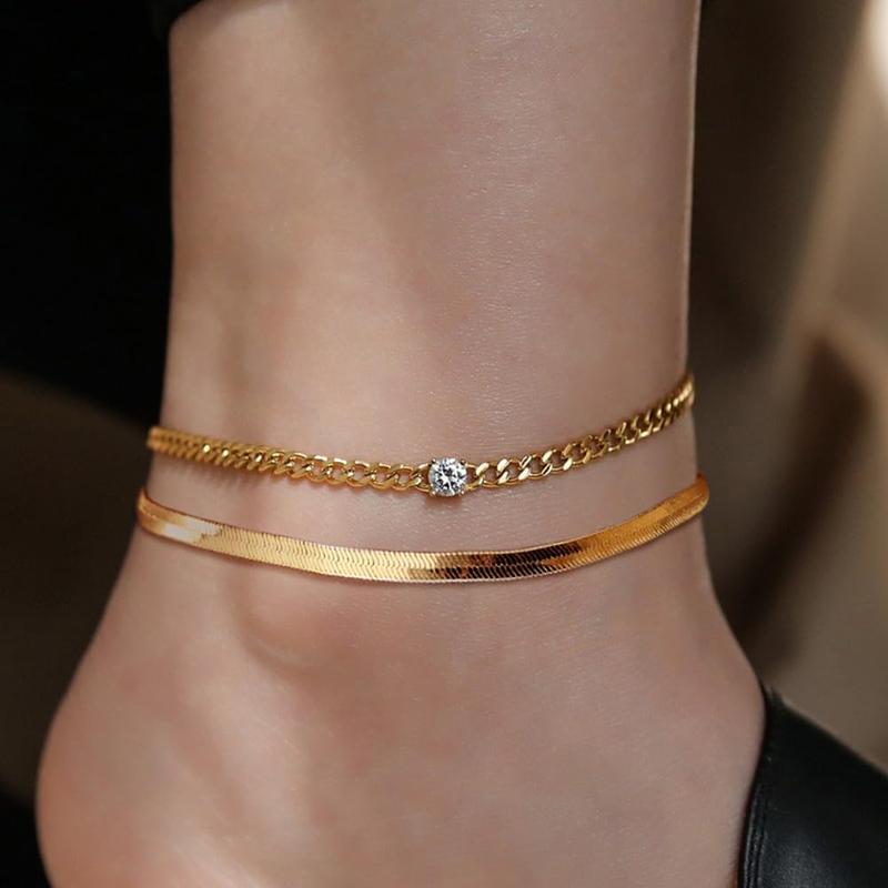 Necocy Ankle Bracelets for Women Dainty Waterproof Layered Box Chain Bow Charm Anklet Adjustable Herringbone Anklet Cuban Link Anklets Gift for Women