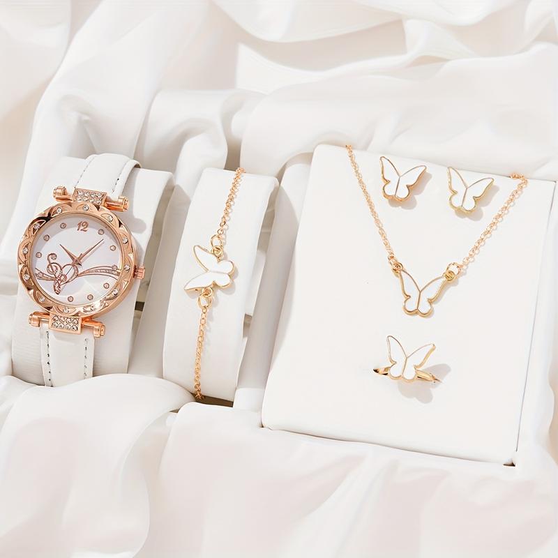 6 Pcs set Women's Watch Musical Note Fashion Quartz Watch Shiny Rhinestone Analog Watch and Jewelry Suit, Gift for Mom