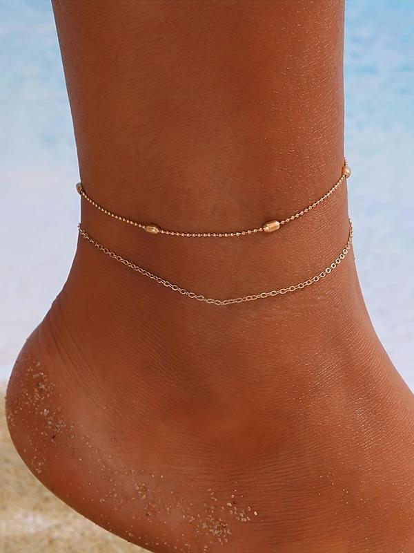 Women's Simple Style Plain Color Adjustable Chain Anklet, Fashionable Beaded Decorated Anklet for Beach Party & Vacation, Casual Trendy Anklet for Women & Girls