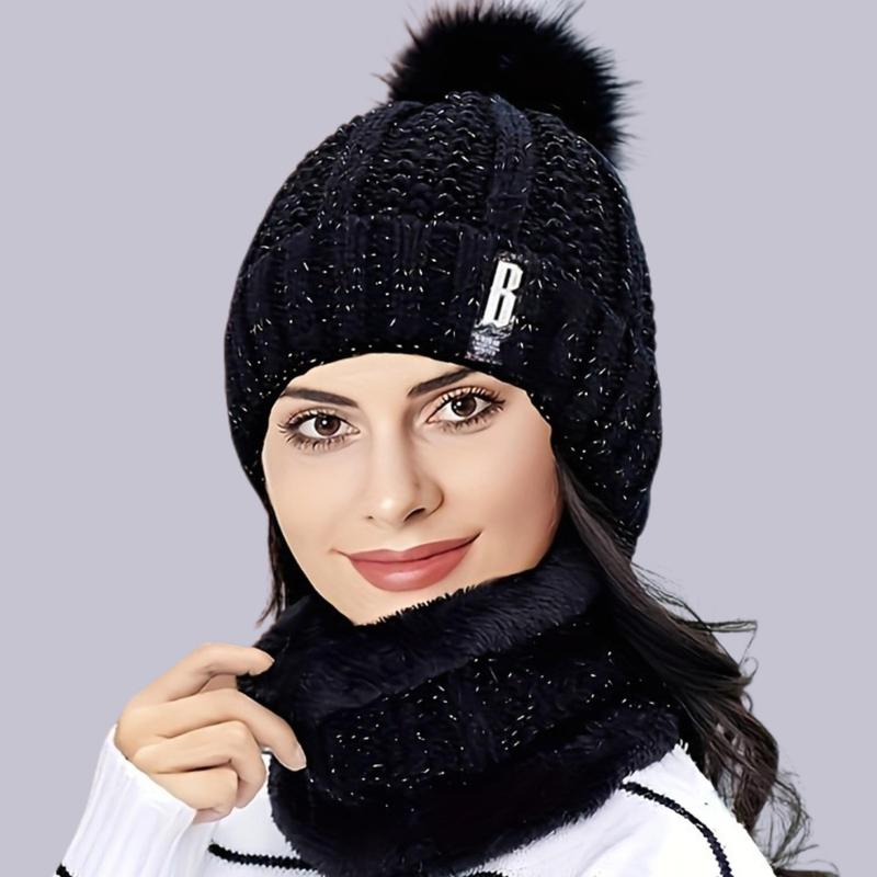 Winter Warm Hat & Scarf Set, 2 Counts set Solid Color Windproof Thickened Plush Hat & Scarf, Outdoor Sports Accessories for Women & Men, Christmas Gift