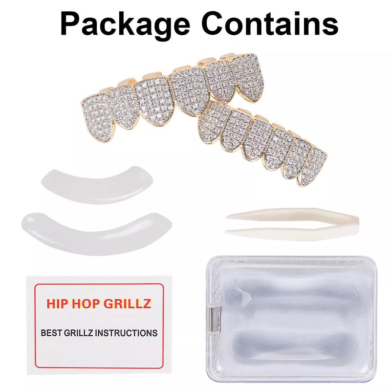 Gold Grillz for Men and Women, 18k Gold Plated Diamond Grillz Hip Hop Teeth Grillz Caps Top & Bottom Grill Fangs, Gold Grills for Teeth, Gold Grillz Teeth Set, Custom Grillz, Removable Grillz, Fashion Grillz, Fake Teeth Grillz, Mouth Grills