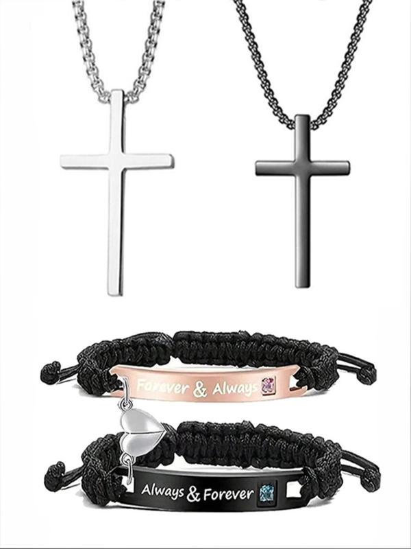 Cross Necklace & Heart Magnetic Adjustable Bracelet, Couple Jewelry Set, Fashion Accessories for Men & Women, Perfect Choice for Valentine's Day Gifts