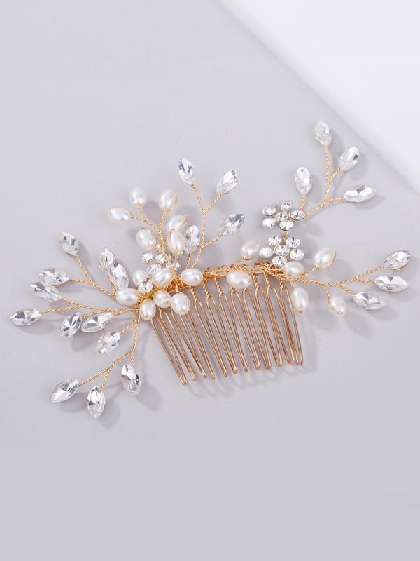 Rhinestone & Faux Pearl Decorated Hair Comb, Elegant Bridal Headwear For Wedding Party, Women's Wedding Bridal Jewellery