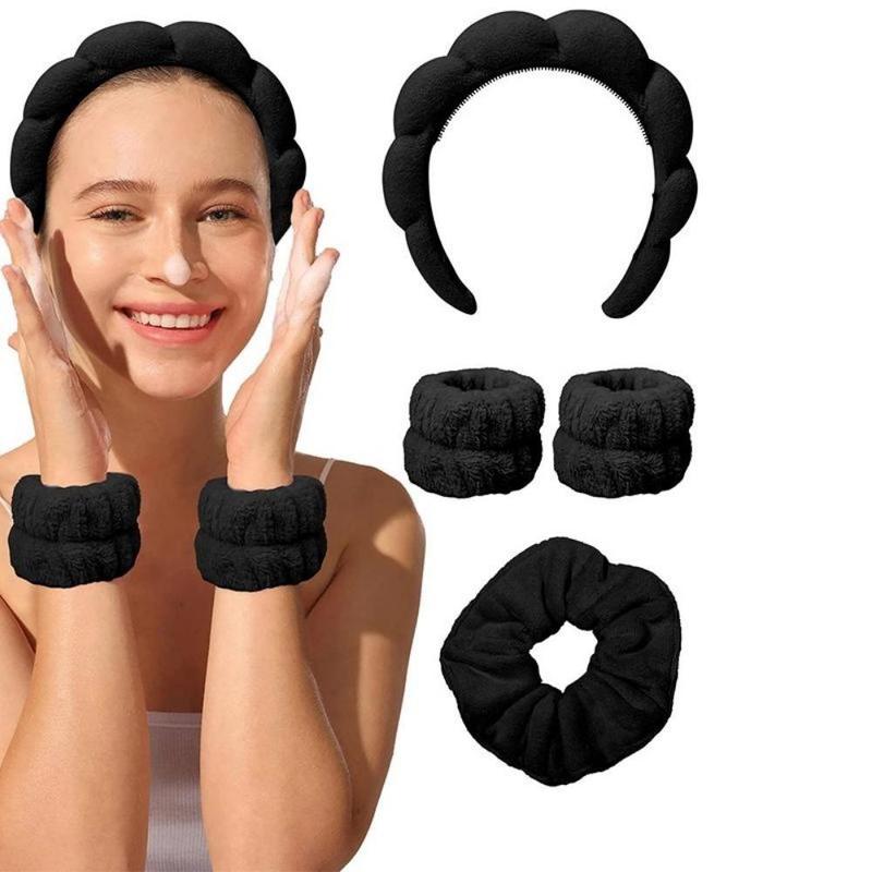 AWAYTR 4Pcs Set Wash Face Wristband Hair Scrunchie Headbands Set Spa Bathroom Accessories Water Absorption Waterproof Wristbands for Women Girls Sweatbands